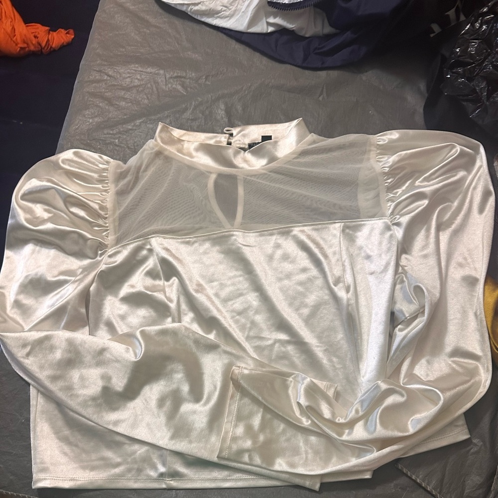Fashion Nova White Satin Blouse with Sheer Detail
